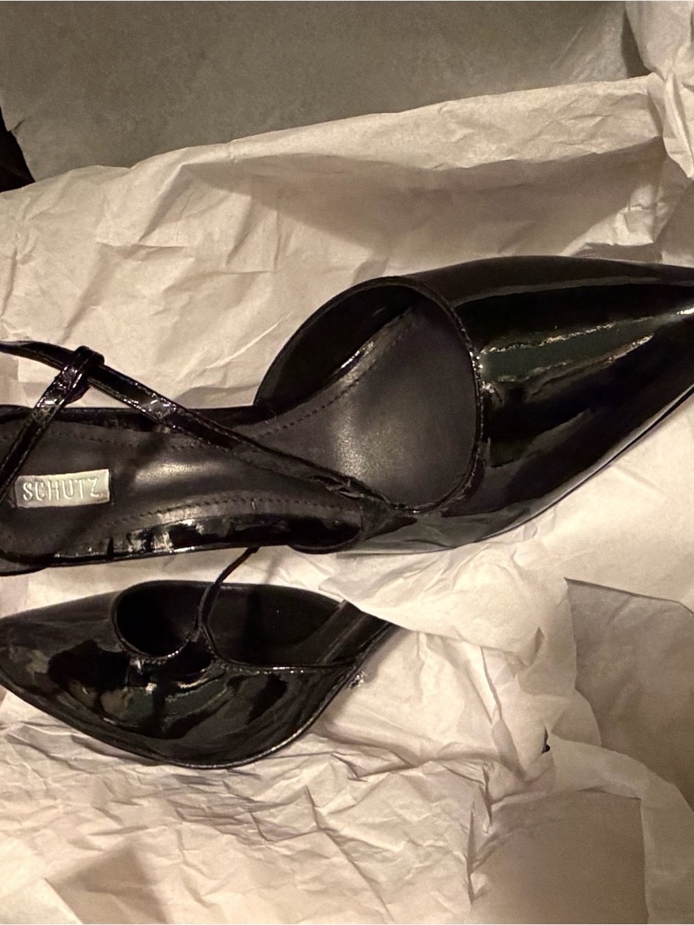 SCHUTZ Black Patent Pointed Cross Strap Heels